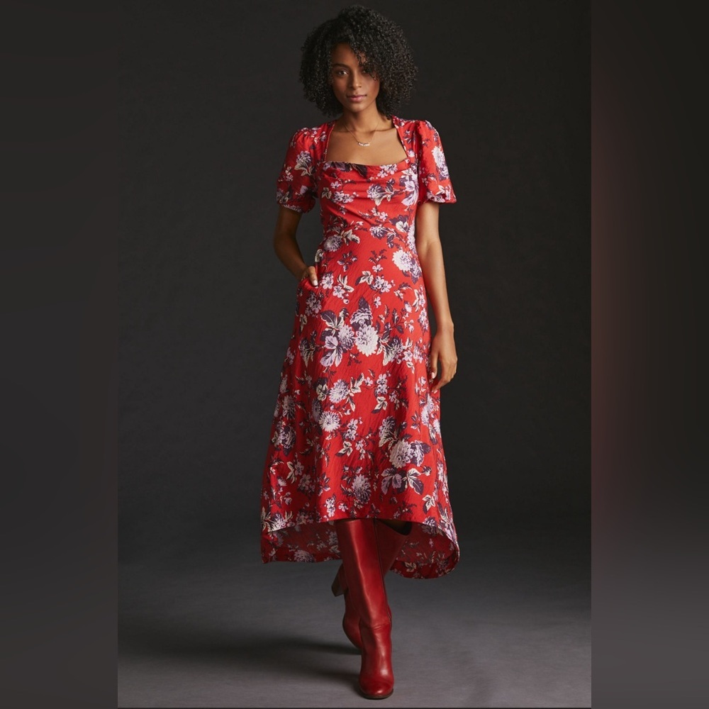 Anthropologie Maeve Red Puff Sleeve Floral Midi Maxi A-line dress